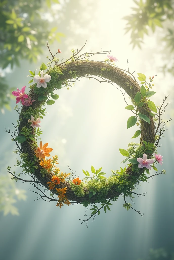 Ring composition,{The focus of the composition is on the outside of the ring:1.4},{There is a large blank space in the middle of the ring:1.4},The Four Seasons of Heaven,spring, summer, autumn,winter。wreath&four seasons,Withering,Decay&newborn,This circle reflects the cycle of seasons,As they change and wither,A circle made of orchids and branches。