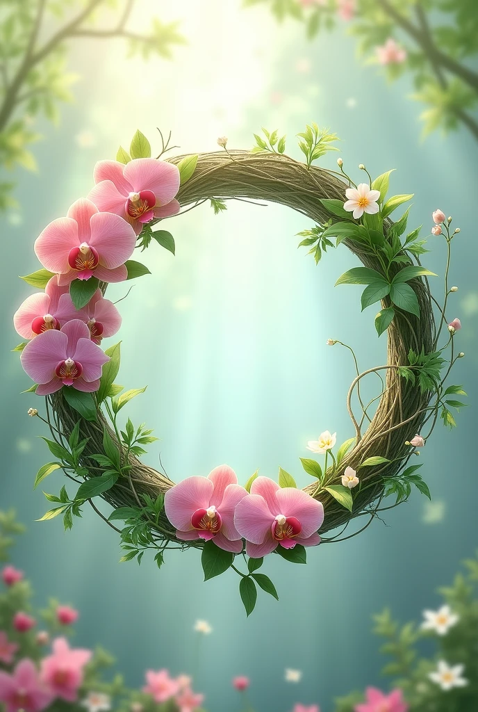 Ring composition,{The focus of the composition is on the outside of the ring:1.4},{There is a large blank space in the middle of the ring:1.4},The Four Seasons of Heaven,spring, summer, autumn,winter。wreath&four seasons,Withering,Decay&newborn,This circle reflects the cycle of seasons,As they change and wither,A circle made of orchids and branches。