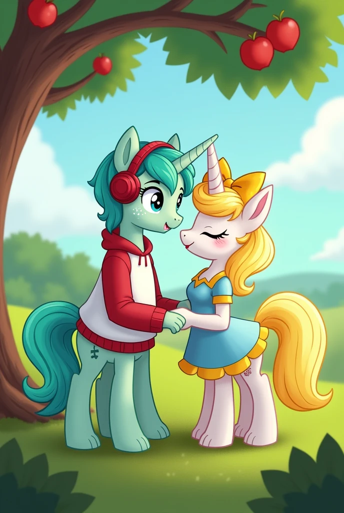 Male Alicorn Pony with mint green fur with white freckles and blue eyes; white sweatshirt with red sleeves,red gamer headphones; music note cutie mark. Winged a female alicorn pony with yellow hair and a yellow tail,White fur,big yellow bow on the nape of the neck,yellow helmets,light blue eyes, dress with short yellow skirt .The two lovers in a field in front of an apple tree. Imagen 2D estilo My Little pony G4