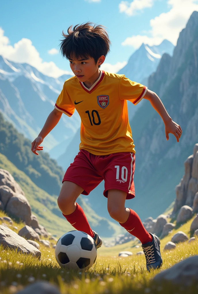 Tsubasa was dress a football kit and he is play football ind the mountain from turkey he is number is 10 and name Tsubasa