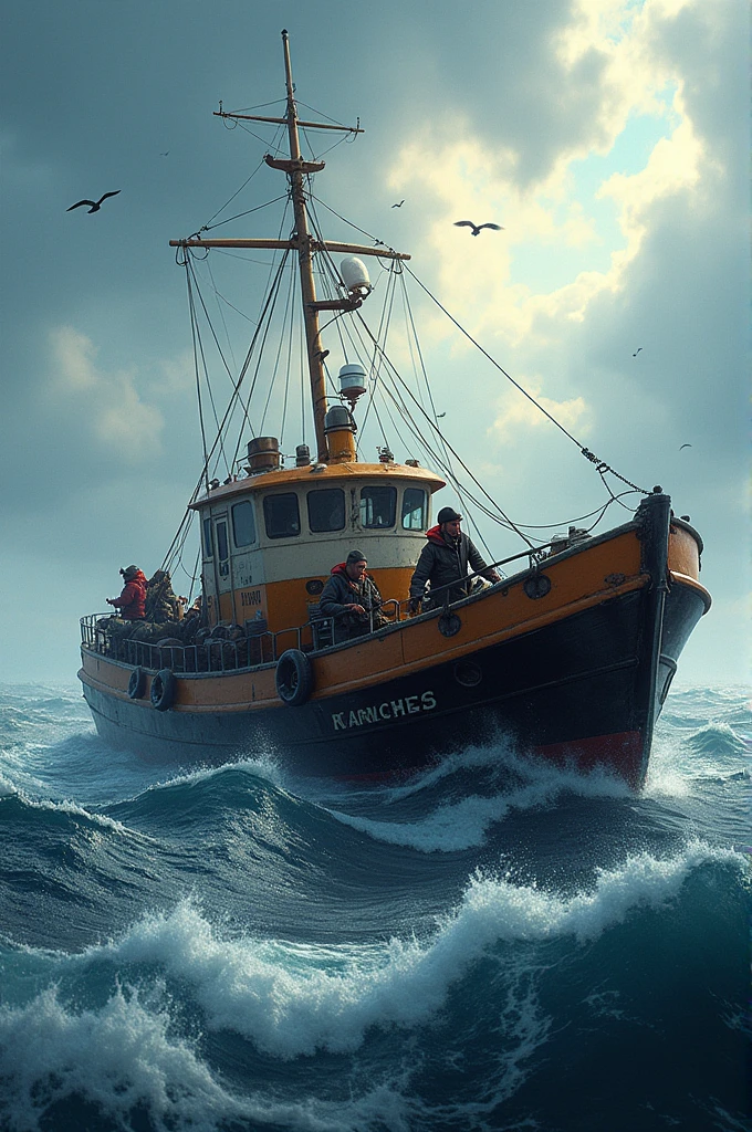 Fishermen on a fishing boat on the high seas