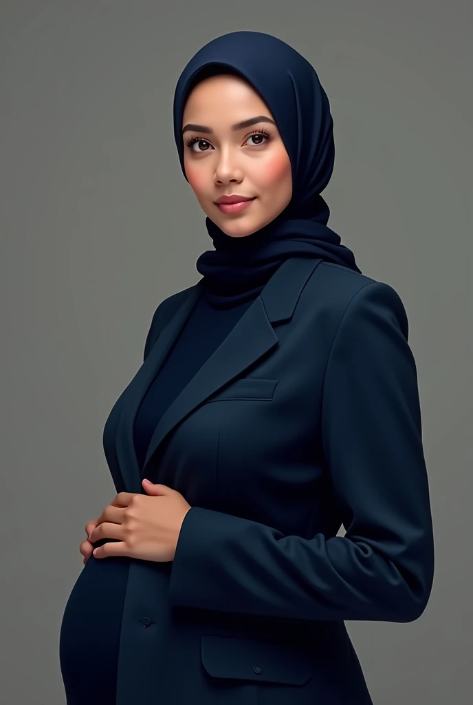 Generate picture of formal pregnant lawyer with dark blue blazer and no background. Have a beautiful malay face features with hijab facing infront