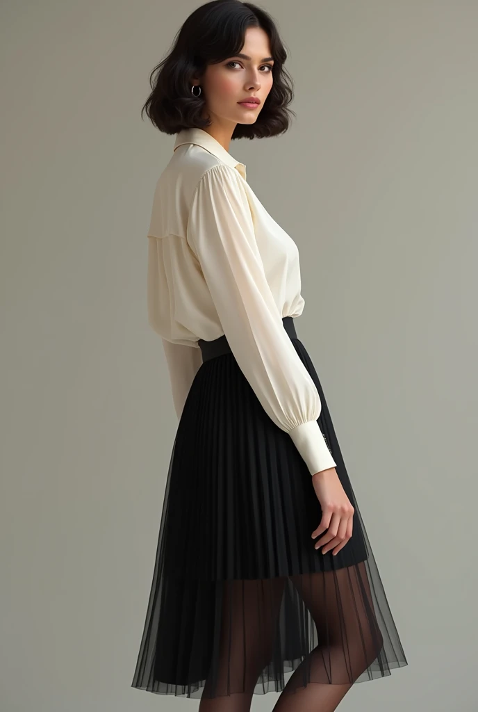 Monica Belluccci wearing a white silk blouse, black pleated skirt and mid brown sheer pantyhose, photo realistic