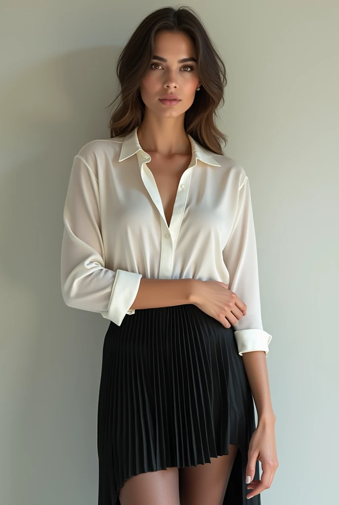 Monica Belluccci wearing a white silk blouse, black pleated skirt and mid brown sheer pantyhose, photo realistic