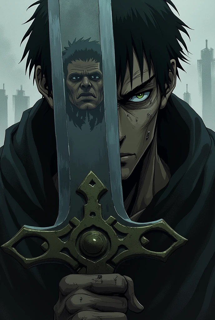 From berserk anime Guts covered half of his face with his sword, and in the reflection of the sword was half of griffith face.