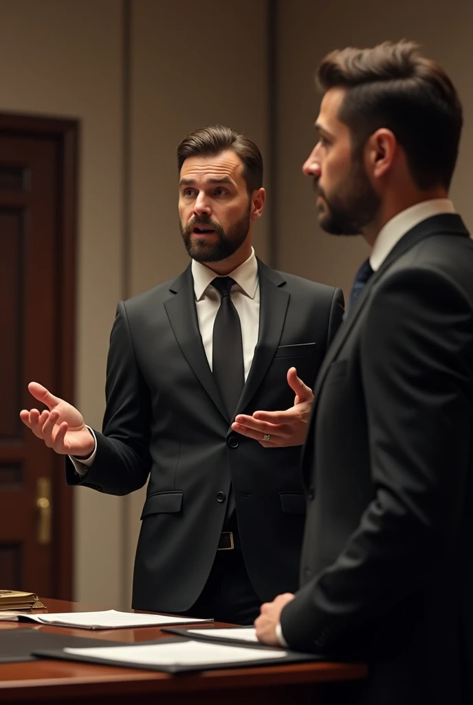 He litigated in administration with a lawyer in a black suit with a beard and with his client with money 