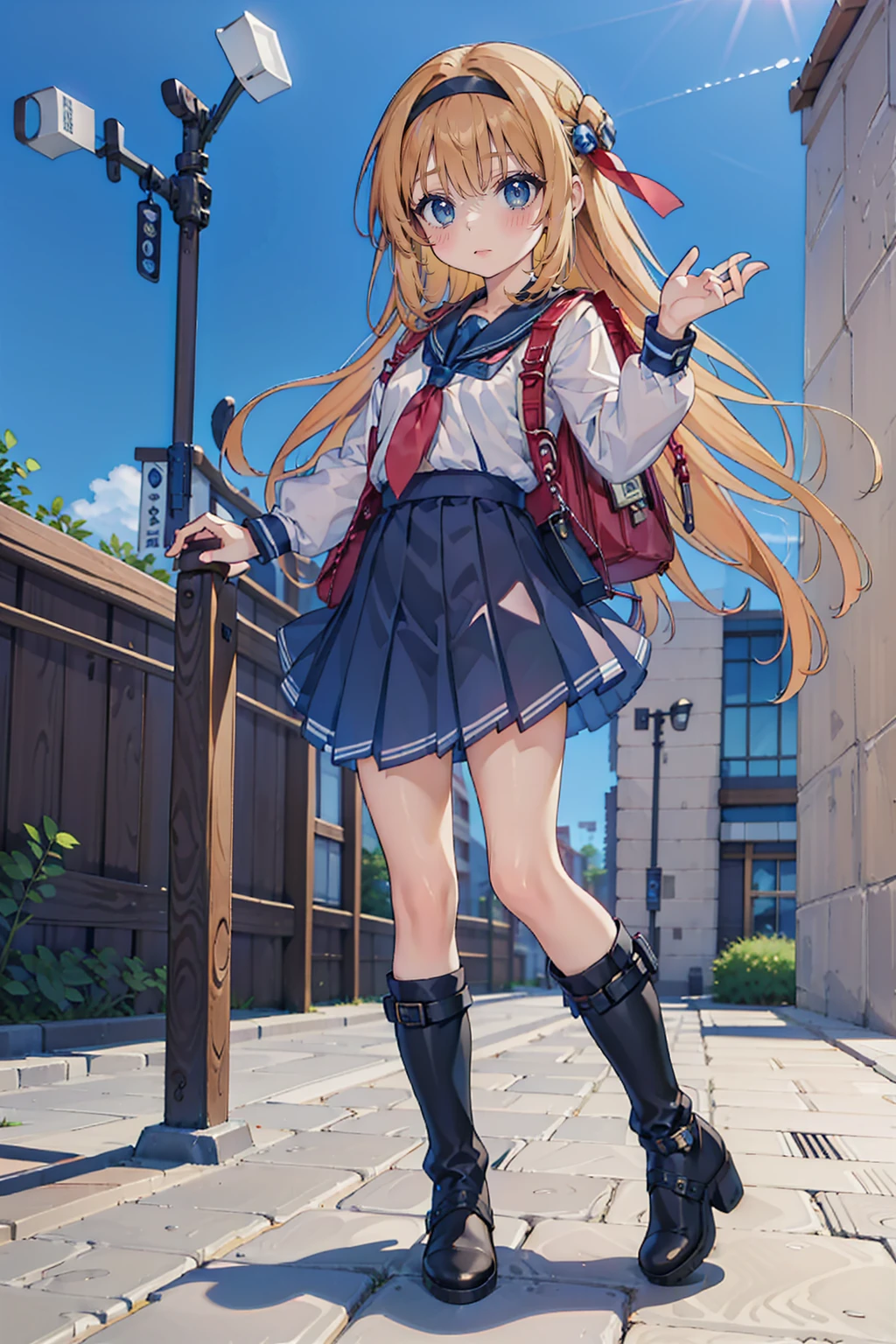 Anime Style、Storytelling、、beautiful girl、とてもcute天使、Red school bag、cute、、smile、Long skirt、Black long boots、Very cute headband、Very cute dress
