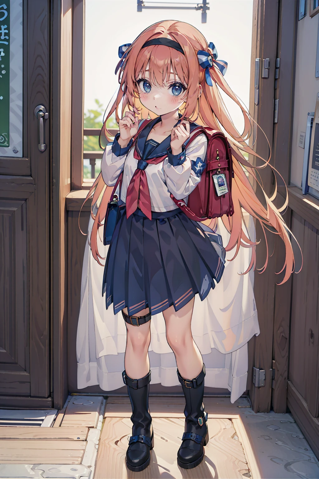 Anime Style、Storytelling、、beautiful girl、とてもcute天使、Red school bag、cute、Baby Face、smile、Long skirt、Black long boots、Very cute headband、Very cute dress
