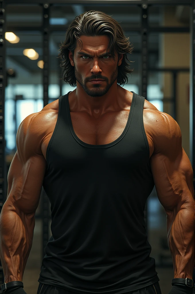 You could generate a guy with a somewhat dark complexion, with black tank top, somewhat long hair, Dark green eyes in the gym, somewhat muscular in the arms and somewhat large chest