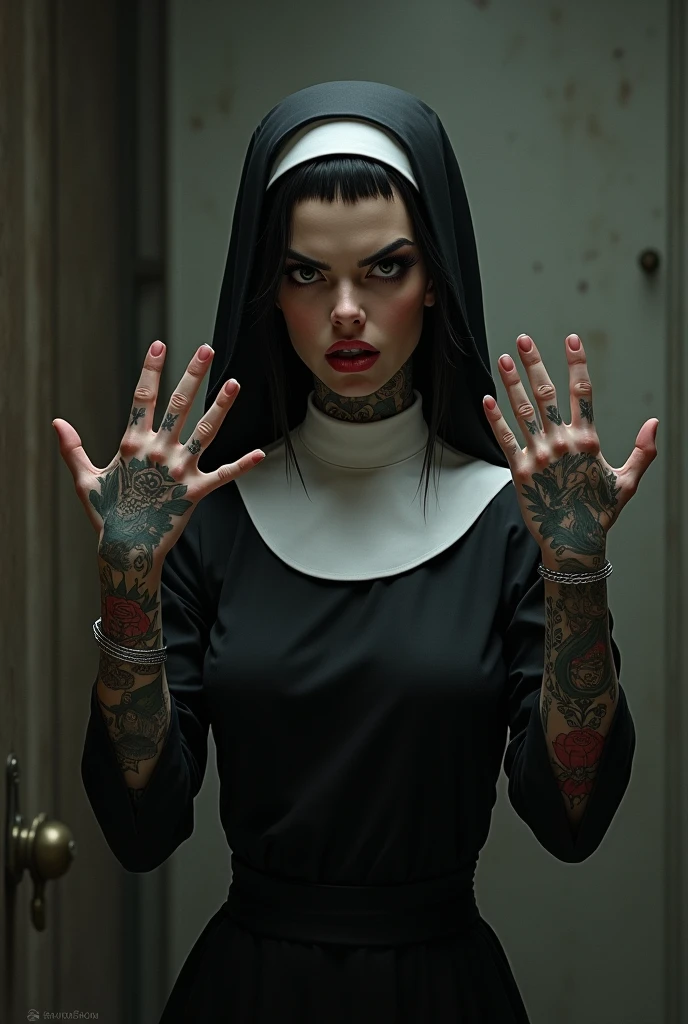 Tattooed black haired nun making obscene gestures 