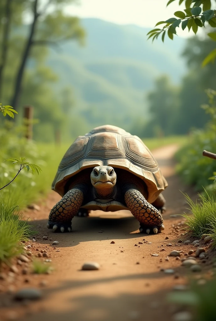 The tortoise keeps moving steadily along the race path 
