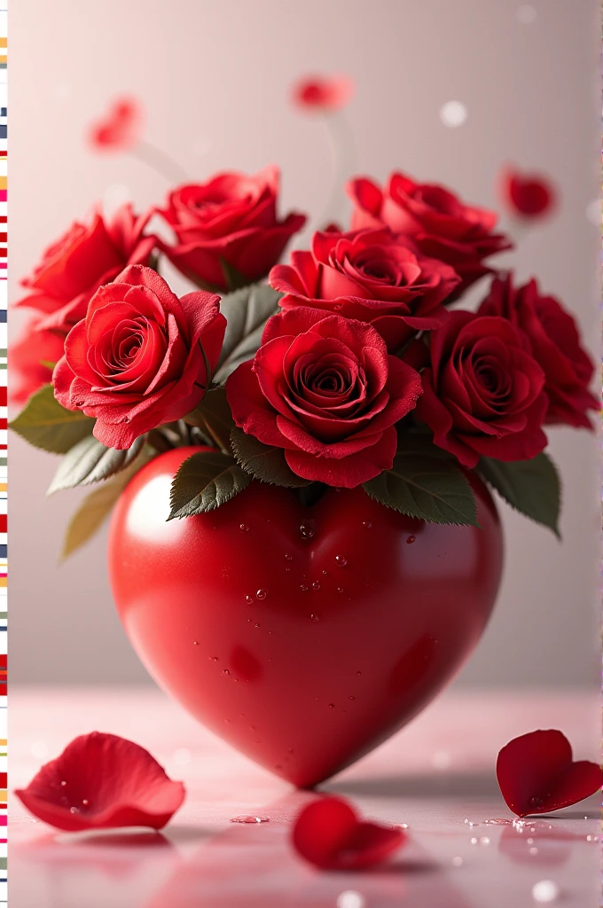 The image shows a heart from which red roses sprout., with drops of water falling on them, as if they were caresses. The background is simple, highlighting the roses and the heart.