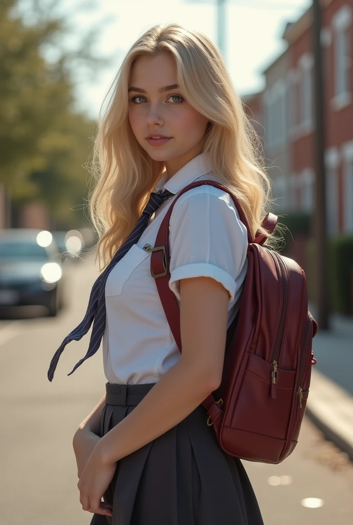 epiCPhoto, RAW photo, 8k uhd, dslr, high quality, film grain, Fujifilm XT3, 3/4 view, from side, A stunningly gorgeous 18-year-old girl looking away from the viewer is walking mid-stride down a university hallway wearing an extremely short white pleated wind-flared skirt which shows underbutt and a tight dark red sweatshirt. She wears white ankle socks and wears Chucks. She has a pink backpack on her back. She has long platinum blonde hair in pigtails and very pale blue eyes and a thin petite lithe frame and small breasts. She is outgoing and very happy. Extremely detailed facial features
<lora:add_detail:0.25>
<lora:picxer_real:0.7>