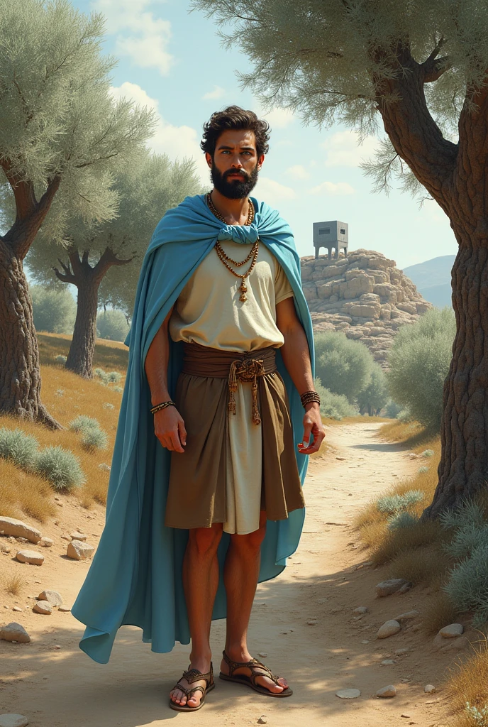 Image from a distance of a light-skinned man, blue eyes, beard and dark brown hair, dressed in bone-colored tunic, brown short skirt, sandals tied up to the shins, and sky blue cloak surrounded by olive trees and nearby on a rocky hill you can see a large rectangular metallic object with 4 legs  