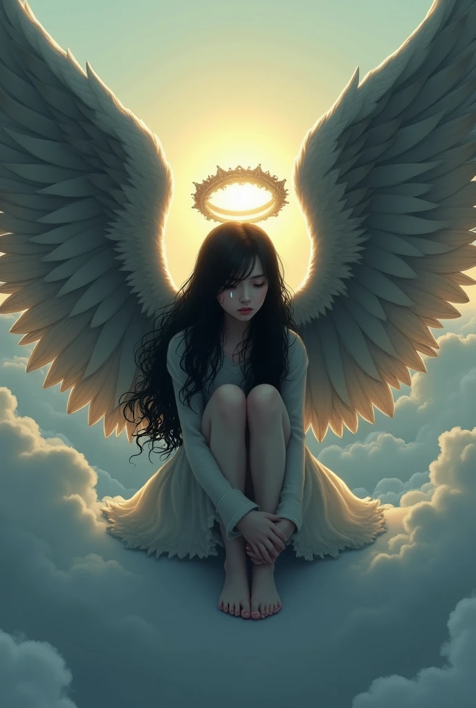 Make a teenage angel with long dark hair sitting in the sky with wings and halo crying to see her love with another 

