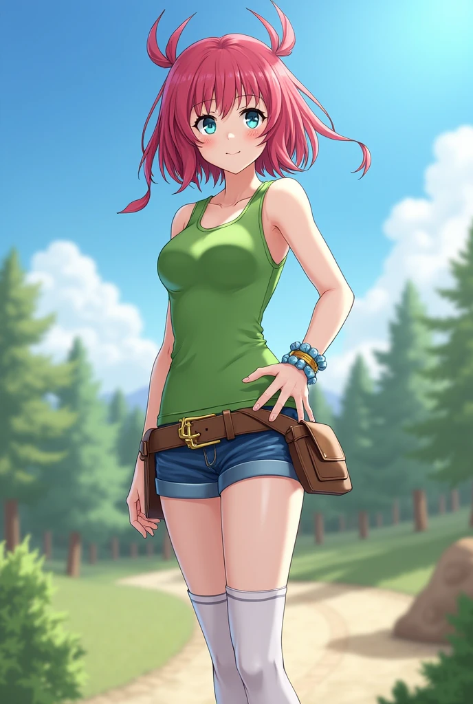 masterpiece, best quality, highres, aamazaki, (Antenna hair:1.2), huge breasts, Green Shirt, sleeveless, 手链, belt, blue shorts, white stockings, Cowboy-shot, Stand, outside,