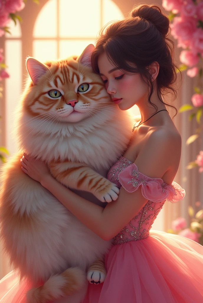(Highest image quality), (Extremely detailed), (Clear focus), (close up), (Depth of Field), Practical, (rich and colorful, Bright colors), (masterpiece), (best quality),温顺漂亮的Giant Cat 1.3, A woman in a pink dress holds a large cat, 拟人化的大型Giant Cat 1.4, , Very beautiful anime cat, Giant Cat 1.3, Cat furry, 这只Cat furry的, Furry Fantasy Art, 拟人化的雌猫细节close up, Charming cat, White cat is taller than human,