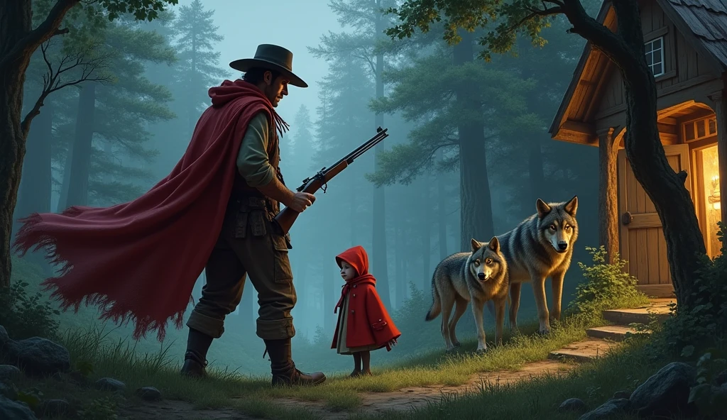 The hunter appears、Get rid of the wolves、Little Red Riding Hood and the scene where she saves her grandmother。At the end, the three are shown looking happy.。