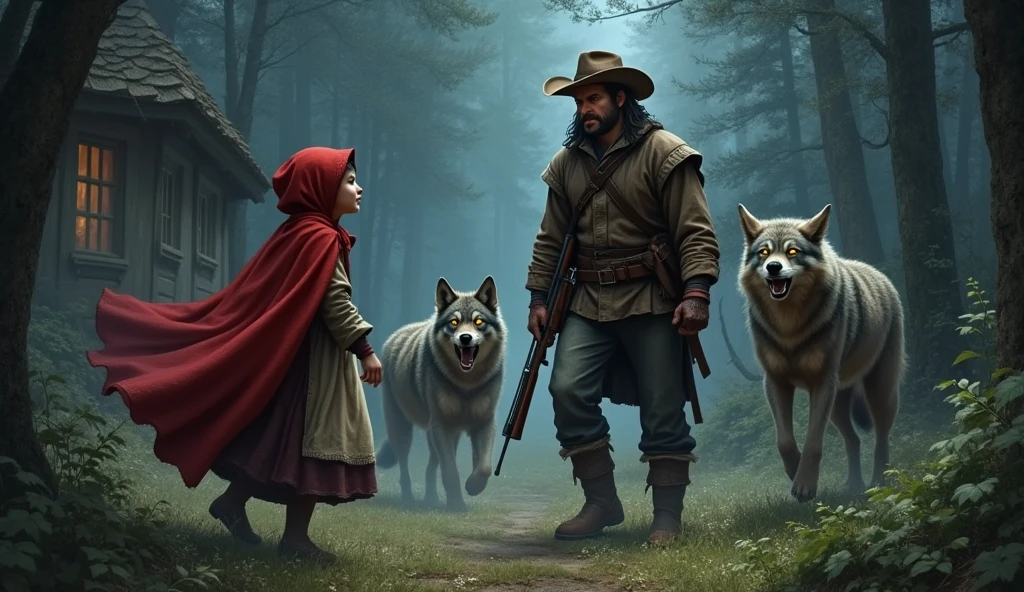 The hunter appears、Get rid of the wolves、Little Red Riding Hood and the scene where she saves her grandmother。At the end, the three are shown looking happy.。