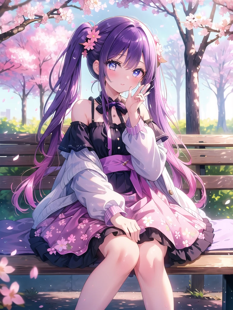 ((8k, Highest quality, masterpiece: 1.3)),Ultra-high resolution,(1 girl, alone), (Color changing eyes, Ultra-detailed, Expressive brilliance, Glitter, Glowing Eyes), Highly detailed eyes, Highly detailed face, Random Hair, ((pastel colour))Relaxed Sitting Pose
"Design a Vtuber character with purple hair that features a gentle gradient, styled in loose twin tails that fall just past her shoulders, with soft waves giving a light and airy appearance. Her eyes are a deep purple, shimmering with kindness. The character is sitting comfortably on a bench, one leg crossed over the other, casually making peace signs with both hands near her face, winking playfully. She is dressed in a pastel-colored, off-shoulder blouse with floral patterns and a short pleated skirt, giving her a trendy yet gentle look. The camera angle should be from the side and slightly above, capturing her relaxed and approachable demeanor. The background includes a soft-focus park setting with cherry blossoms gently falling around her, enhancing the serene atmosphere."