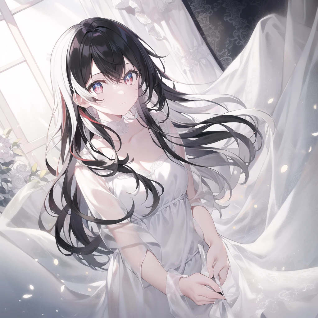 ((masterpiece, best quality))++, Detailed lighting+,  Detailed hair+, Detail hand+ ,1 girl, Miss, Neat long hair,   Crimson eyes,  beautiful eyes, Young black and white hair,,(Beautiful black and white hair:1.5),(Beautiful and delicate eyes),  high resolution+,glass tint, Reflective eyes,   {{angle}} , Very detailed wallpaper, The original, Extremely beautiful CG，Firefly，Nature，