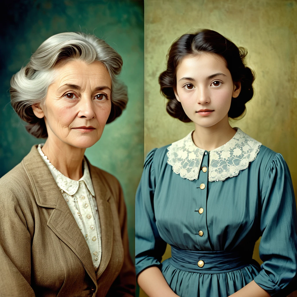I want two photographs, in old format, simulating that they are worn by the passage of time. In one of the photographs there is a woman, of advanced age, who is standing looking at the camera. In the other photo, who could be his daughter appears, in a not so worn photo, more modern. That both have the same color background