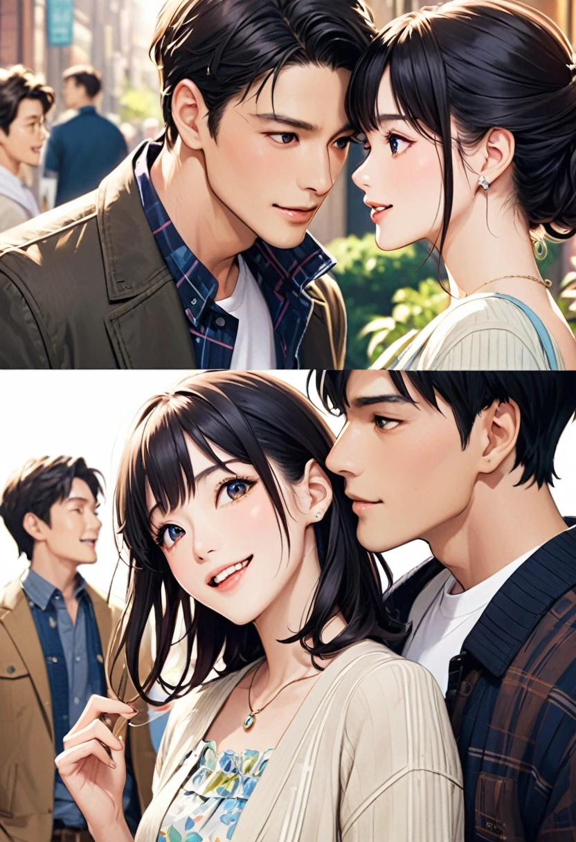 Depiction of a happy couple、Stylish style、Casual Outfits、daily、Used in film packaging、A scene from a movie、1Girl、1boy、Close-up of two people