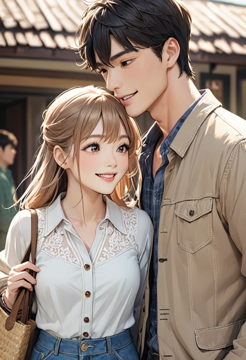 Depiction of a happy couple、Stylish style、Casual Outfits、daily、Used in film packaging、A scene from a movie、1Girl、1boy、Close-up of two people