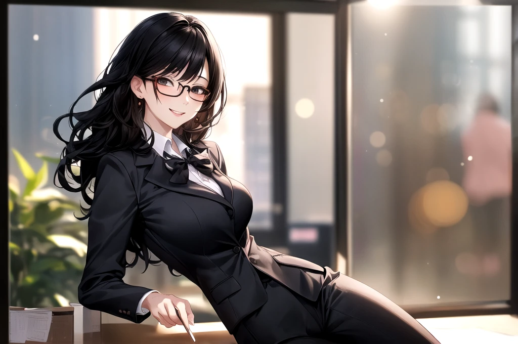 One person, Women, 2、Glasses、Black Hair、Big Breasts、Medium Hair、business suit、Face Focus, Best, bow, Highest quality, Detailed face, office, Detailed Background, Diffused sunlight, Depth of written boundary, Bokeh、smile、I like sex