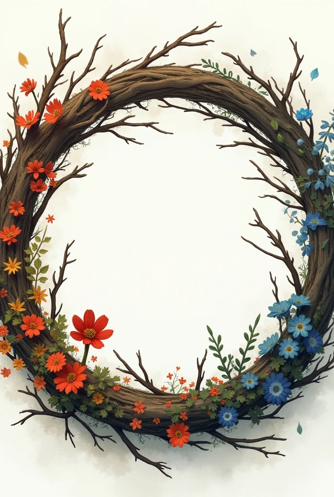 Ring composition,{The focus of the composition is on the outside of the ring:1.4},{There is a large blank space in the middle of the ring:1.4}，A small flower，Branches，Dead Branches，枯骨组成的wreath。，wreath上体现出天之四时,Including Spring， summer， autumn，winter。wreath&four seasons，Withering，Decay&newborn，This circle reflects the cycle of seasons，As they change and wither，