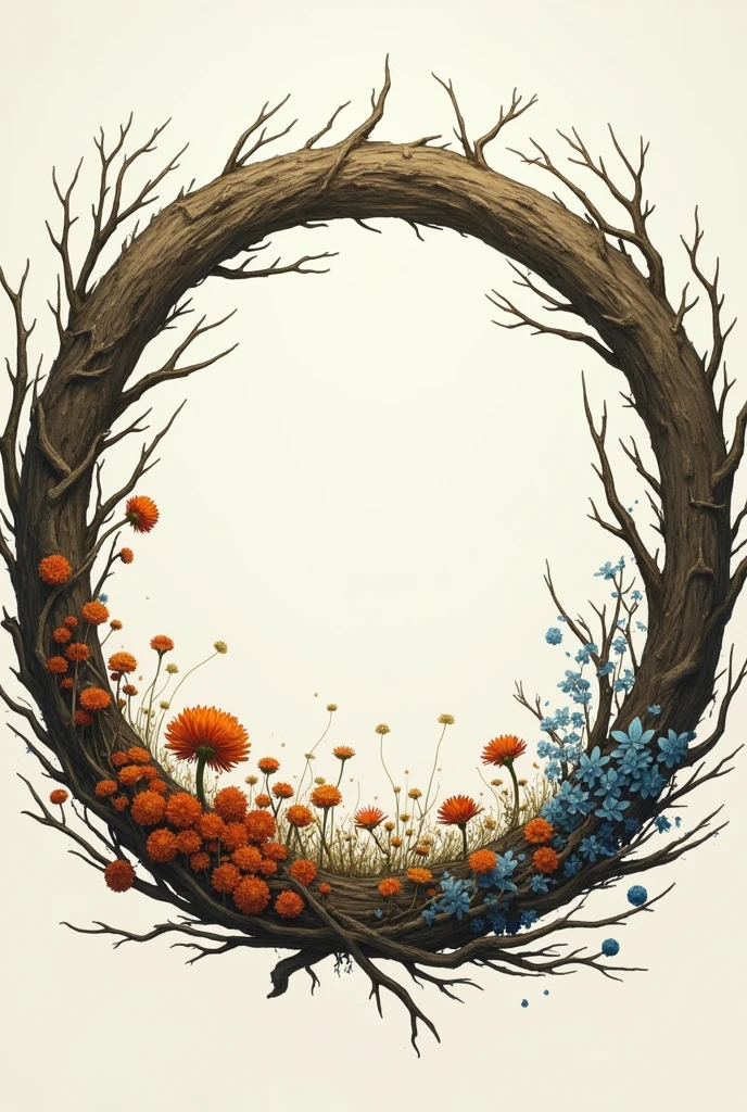 Ring composition,{The focus of the composition is on the outside of the ring:1.4},{There is a large blank space in the middle of the ring:1.4}，A small flower，Branches，Dead Branches，枯骨组成的wreath。，wreath上体现出天之四时,Including Spring， summer， autumn，winter。wreath&four seasons，Withering，Decay&newborn，This circle reflects the cycle of seasons，As they change and wither，