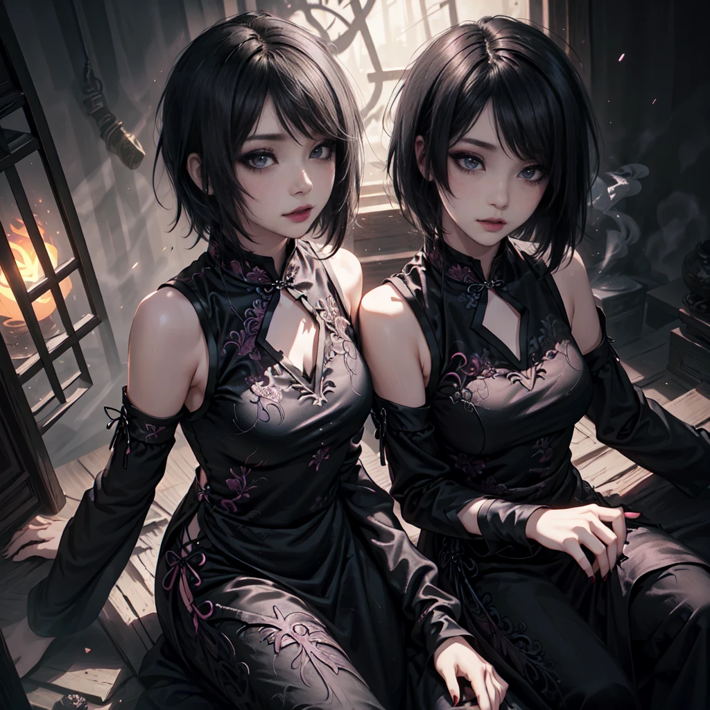 girl, woman, emo_hairstyle, black lipstick, collar, Eyeliner, eyeshadow, smoky eyes, realistic lighting, short hair, get up, without sleeves, Chinese dress, pelvic curtain.