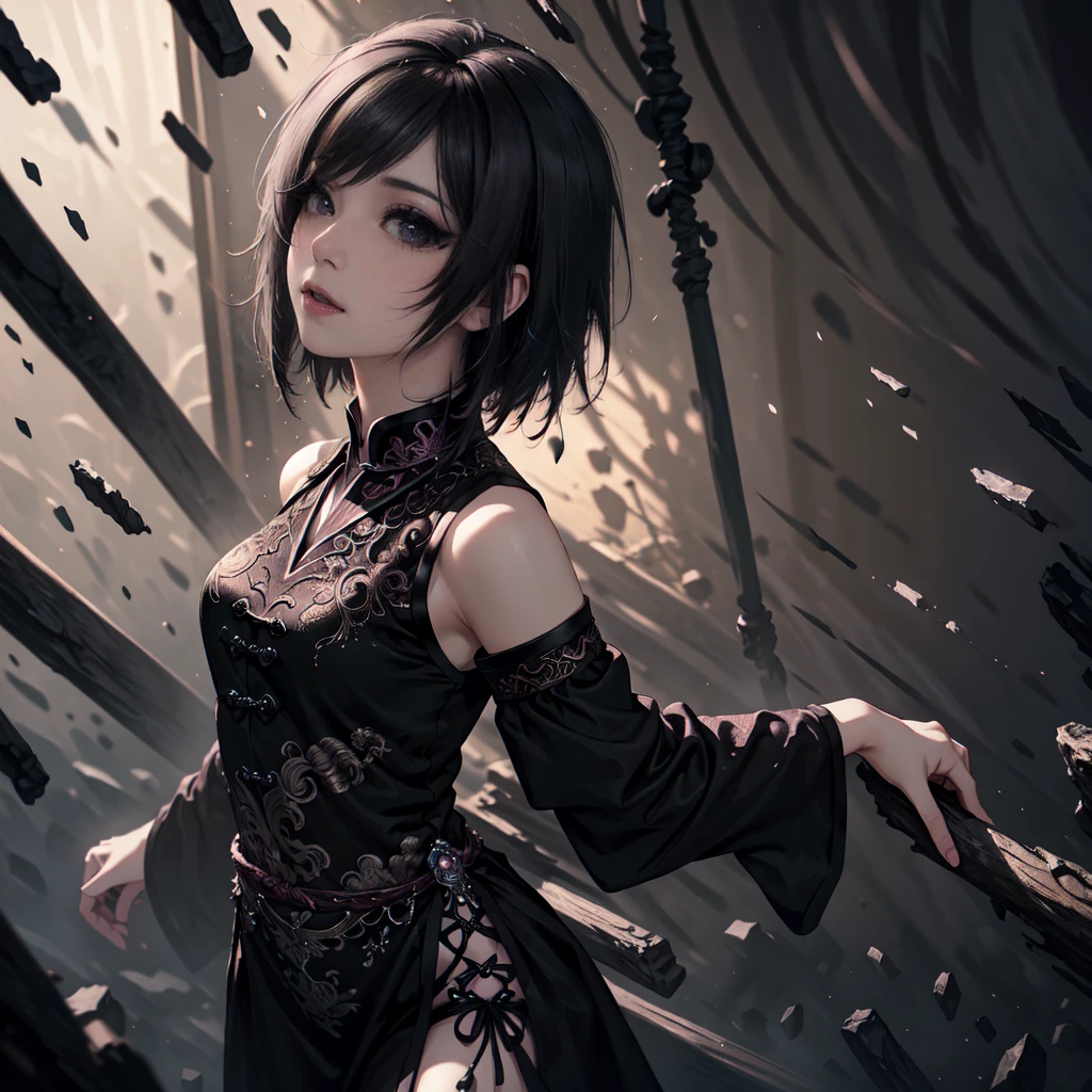 girl, woman, emo_hairstyle, black lipstick, collar, Eyeliner, eyeshadow, smoky eyes, realistic lighting, short hair, get up, without sleeves, Chinese dress, pelvic curtain.