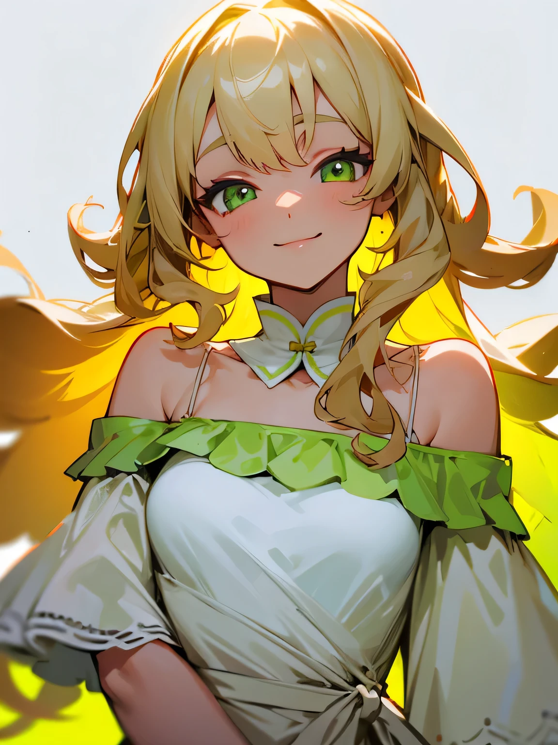 solo, upper body,2, blonde curly long hair, lime green eyes, Russian, pure smile, off shoulder,white chemise dress, white simple background,