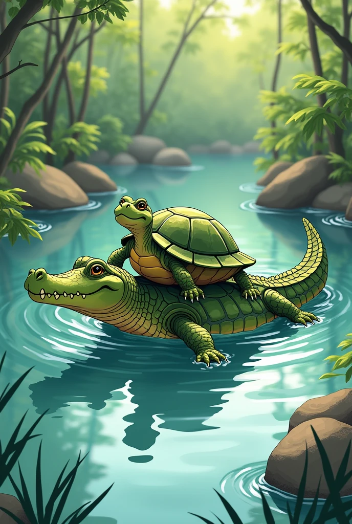 Turtle seat on crocodile and they swiming in pond in 2d cartoon