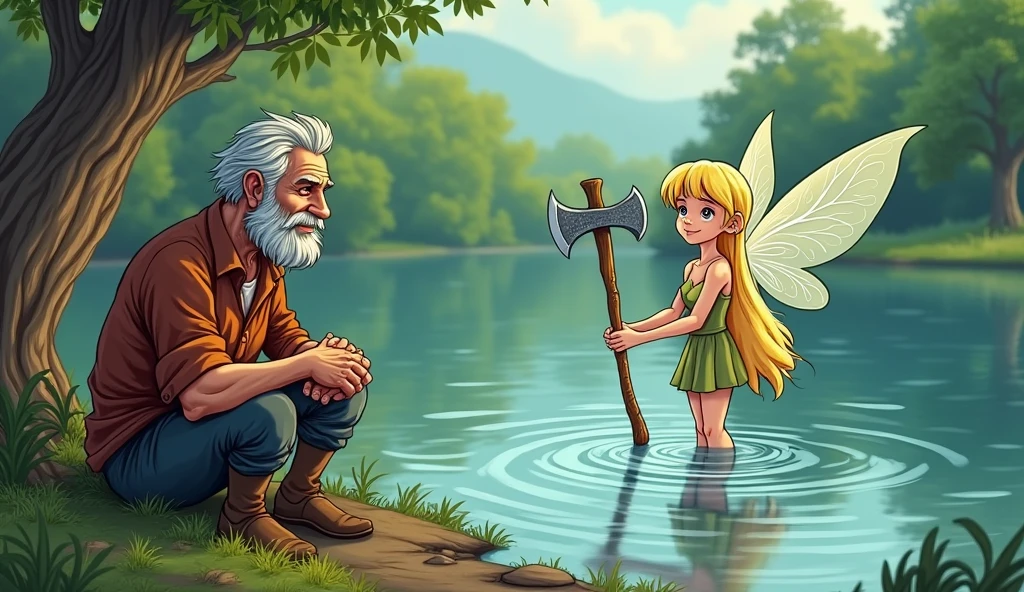 Poor old woodcutter sit on the bank of river and fary go in to water She dived into the river and brought up a three axes silver axe,golden axe,and simple axe from river and give the man cartoon 