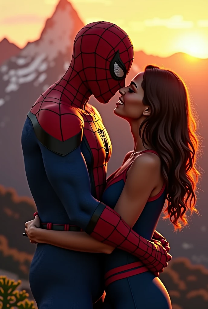 Spiderman hugging his gf from her behind, beside a mountain, sunsetting time,his gf opens her mouth,over rolled eyes