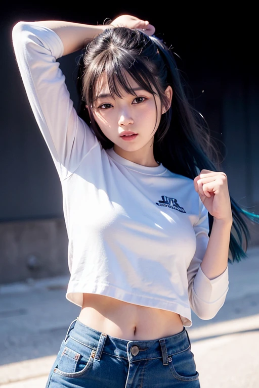 20-year-old woman, blonde, (High Top Fade:1.3),, Calm tone, High Contrast, Hyperrealism, Soft Light,whole body,fine,Open your arms,Long Hair,Very smiling,Cute clothes,Fluffy long sleeves, arms raised in front of her, fist pumping,The background is mysterious,Flying,Long Hair,Blue hair color,The wind is blowing,Idol Style,