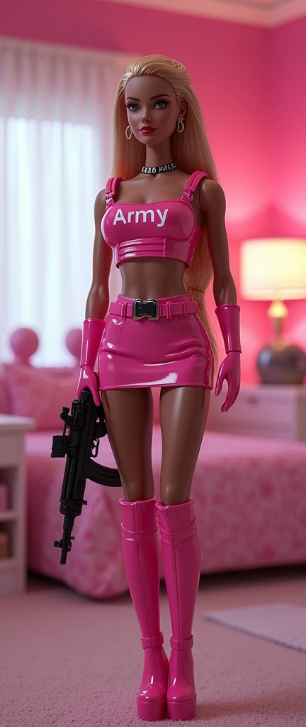a pin up picture of Barbie as a dominatrix queen (best details, Masterpiece, best quality :1.5), ultra detailed face (best details, Masterpiece, best quality :1.5), ultra feminine (best details, Masterpiece, best quality :1.5), wearing latex pink mini dress, pink stockings, pink choker, pink military belt, (on here dress text in white “Barbie Army”), (pink platform high heels), long braided hair, hair pulled back, blond hair, modern bedroom background  (Pink military armor vest with AR magazines), (Pink military helmet), ((she is shooting an PINK AR15 weapon at a man who is running away)), ( Pink AR-15 carbine), (Pink Assult weapon AR15), (long black shiny latex lace stockings), (best details, Masterpiece, best quality :1.5), ultra best realistic pictures , best details, best quality, 16k, [ultra detailed], masterpiece, best quality, (extremely detailed), ultra wide shot, photorealism, depth of field, hyper realistic picture 