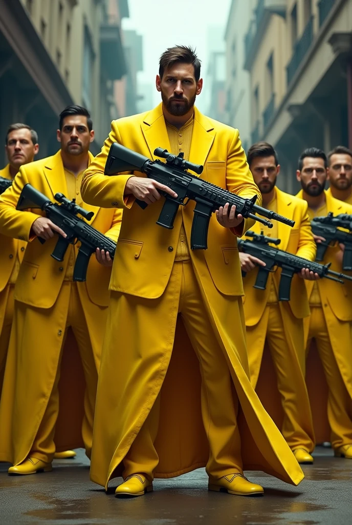 Messi is a gangster wearing yellow dress with a big gun with some men.They also wearing yellow dress and big gun