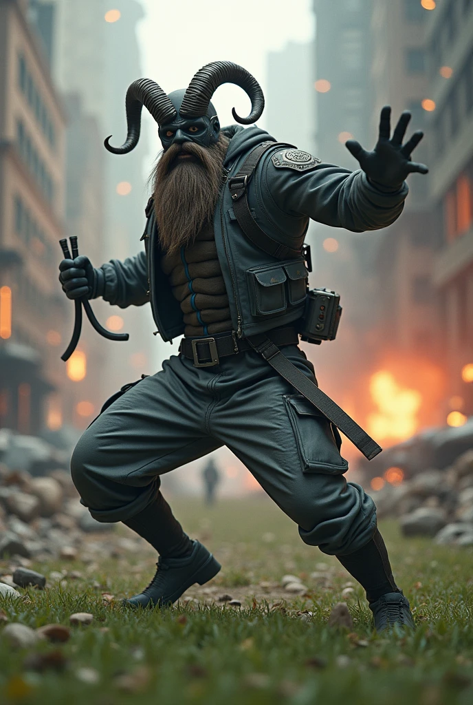 Man wear domino mask grey spandex latex cargo jumpsuit. Skinny body. Background city. Bombing background. Very epic kicking wall one leg . Jumping pose . Fighting pose. Muay Thai posing. Wear goat helmet. Long beard . Big teeth. Grass everywhere. Bombing background. Night scene. Very epic. Marvel. Wear cargo pant. Loose pant. Wear bullet proof jacket. Hand holding the nunchaku