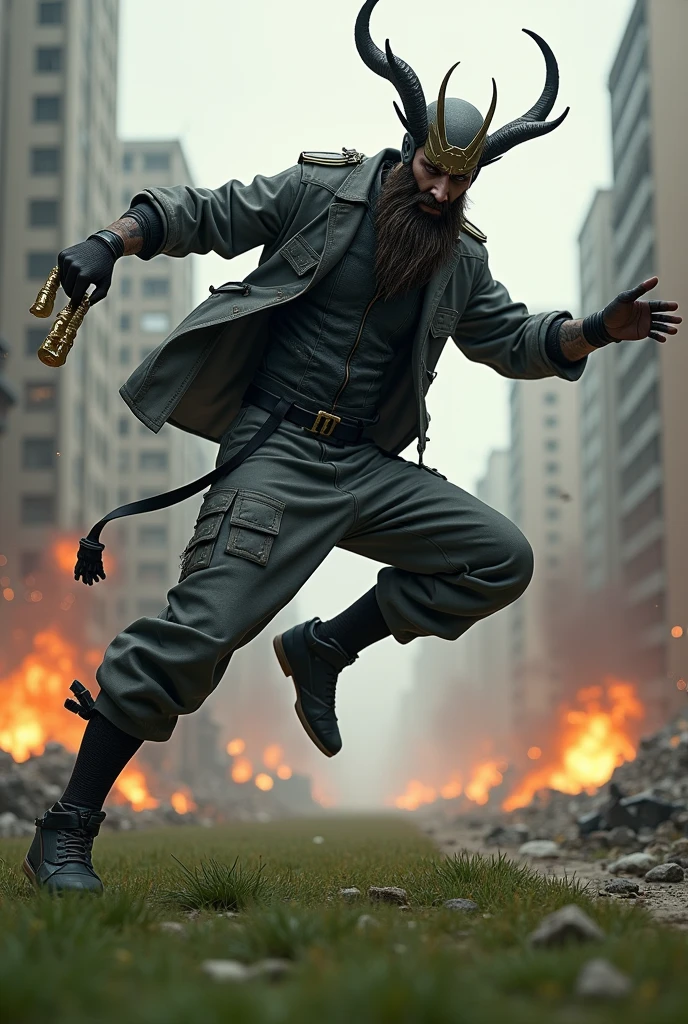 Man wear domino mask grey spandex latex cargo jumpsuit. Skinny body. Background city. Bombing background. Very epic kicking wall one leg . Jumping pose . Fighting pose. Muay Thai posing. Wear goat helmet. Long beard . Big teeth. Grass everywhere. Bombing background. Night scene. Very epic. Marvel. Wear cargo pant. Loose pant. Wear bullet proof jacket. Hand holding the nunchaku