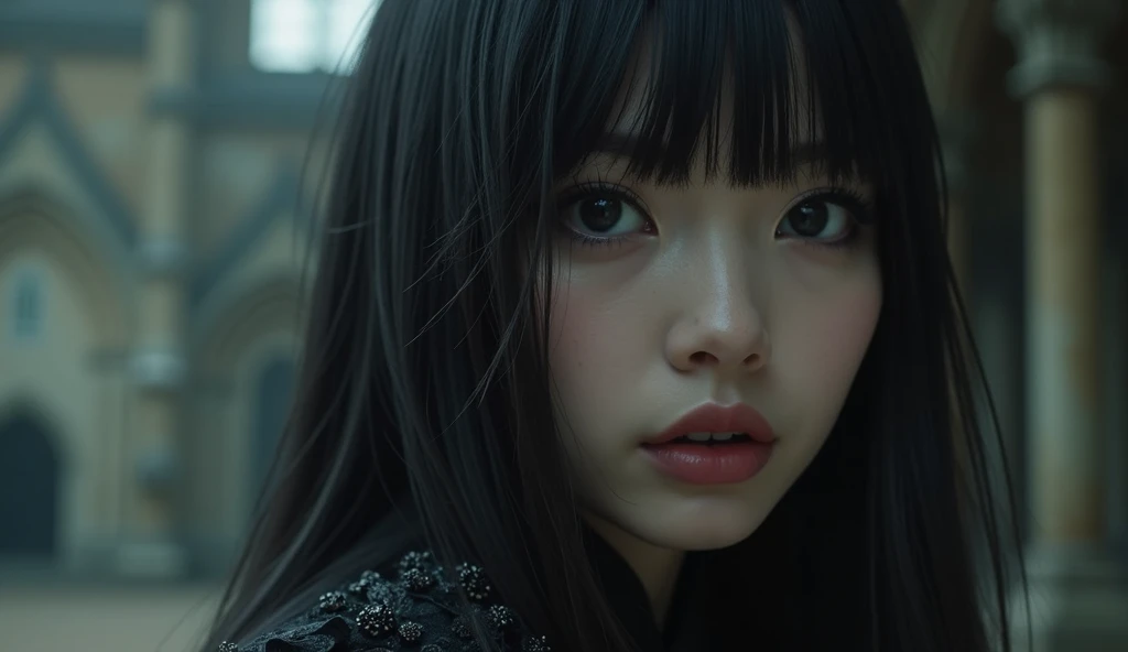 (best quality, 8k, highres, photorealistic:2.0), (solo, one girl:2.0), A highly detailed photorealistic image, half-body, a close up of a beautiful japanese woman, (long hair with bangs), dreamy gothic girl, gothic make-up, dark eye makeup, (big beady eyes girl:1.5), (droopy-eyes girl:1.5), she is a vampire, beautiful face, detailed face, (sex appeal:1.3), (impressive eyes:1.5), elegant render, half body photo, mistress, photoshop render, cinematic lighting, ebony rococo, elegant girl, female spy, haunting beautiful young woman, detailed face, extravagant dress, beauty girl, very femenine, haunted abandoned gothic cathedral at background, dark haze atmotsphere, centered