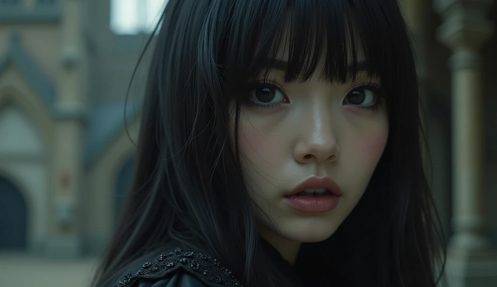 (best quality, 8k, highres, photorealistic:2.0), (solo, one girl:2.0), A highly detailed photorealistic image, half-body, a close up of a beautiful japanese woman, (long hair with bangs), dreamy gothic girl, gothic make-up, dark eye makeup, (big beady eyes girl:1.5), (droopy-eyes girl:1.5), she is a vampire, beautiful face, detailed face, (sex appeal:1.3), (impressive eyes:1.5), elegant render, half body photo, mistress, photoshop render, cinematic lighting, ebony rococo, elegant girl, female spy, haunting beautiful young woman, detailed face, extravagant dress, beauty girl, very femenine, haunted abandoned gothic cathedral at background, dark haze atmotsphere, centered