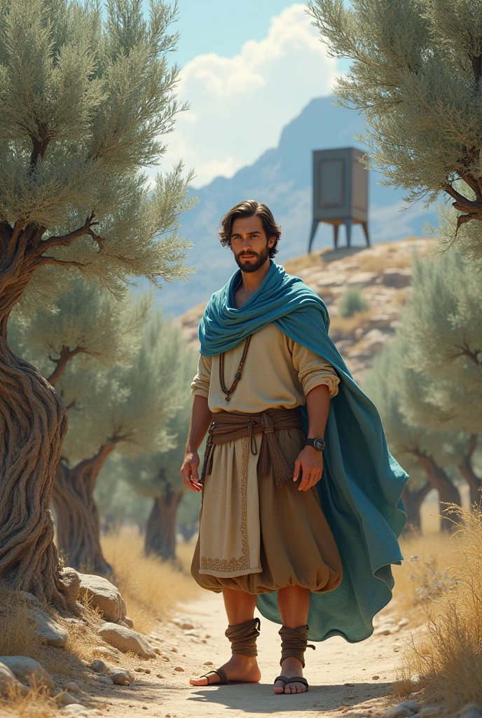 Image from a distance of a light-skinned man, blue eyes, beard and dark brown hair, dressed in bone-colored tunic, brown short skirt, sandals tied up to the shins, and sky blue cloak surrounded by olive trees and nearby on a rocky hill you can see a large rectangular metallic object with 4 legs  