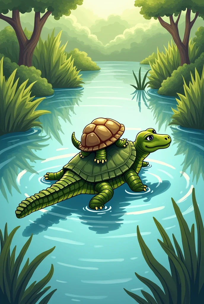 Turtle seat on crocodile and they swiming in pond in 2d cartoon 