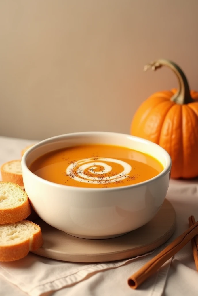 illustrate me this dish a Creamy pumpkin soup with a touch of spices, accompanied by crispy bread in pastel tones and a creamy beige background