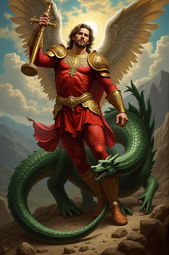 renaissance painting.
Archangel Michael with sword and scales.
Subduing the fierce big green dragon