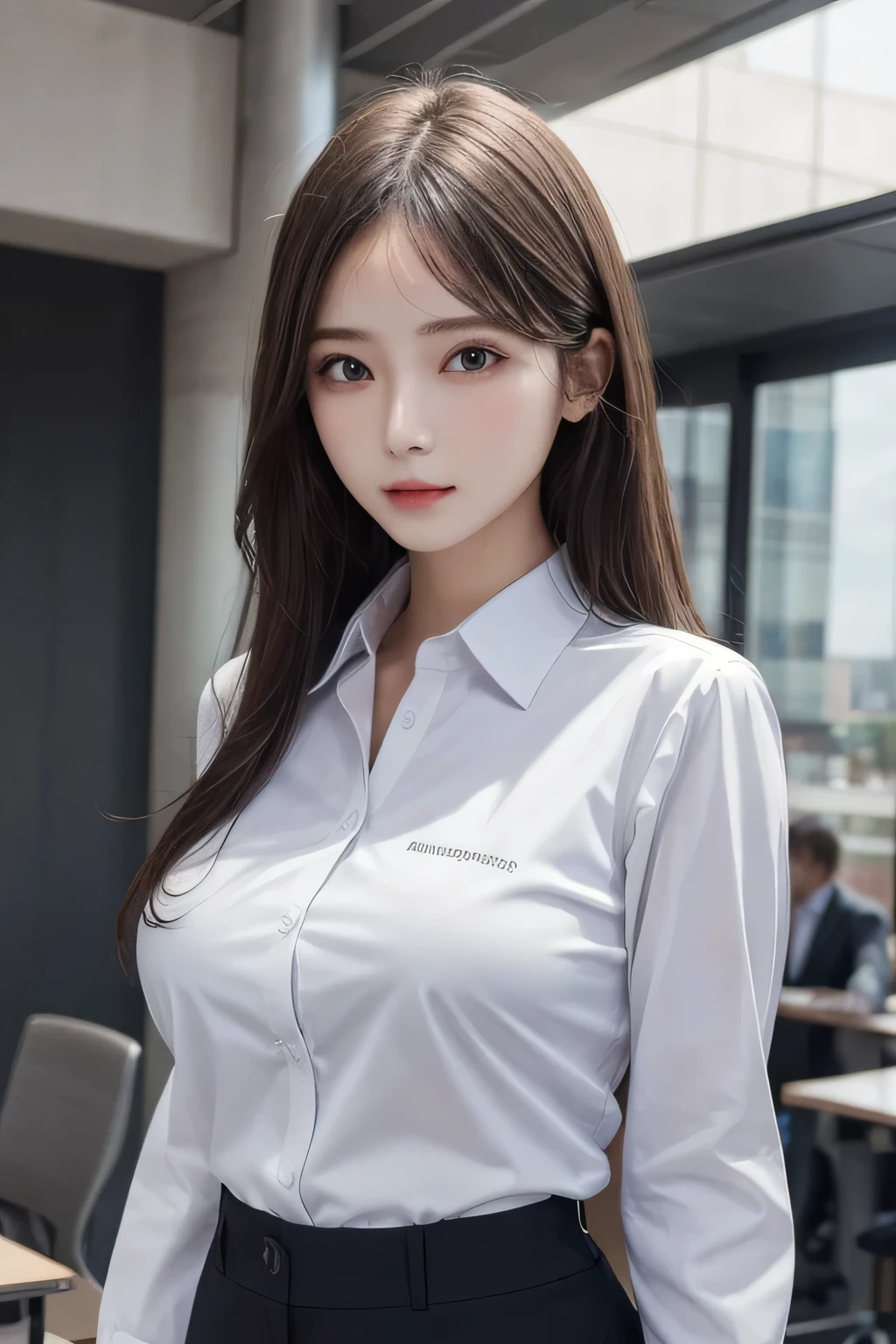 One Girl, 1 person,Highest quality,High resolution,超High resolution,8k,Realistic,Upper Body,encounter_audience,Large Breasts, the body is slim,(Business shirts:1.2)