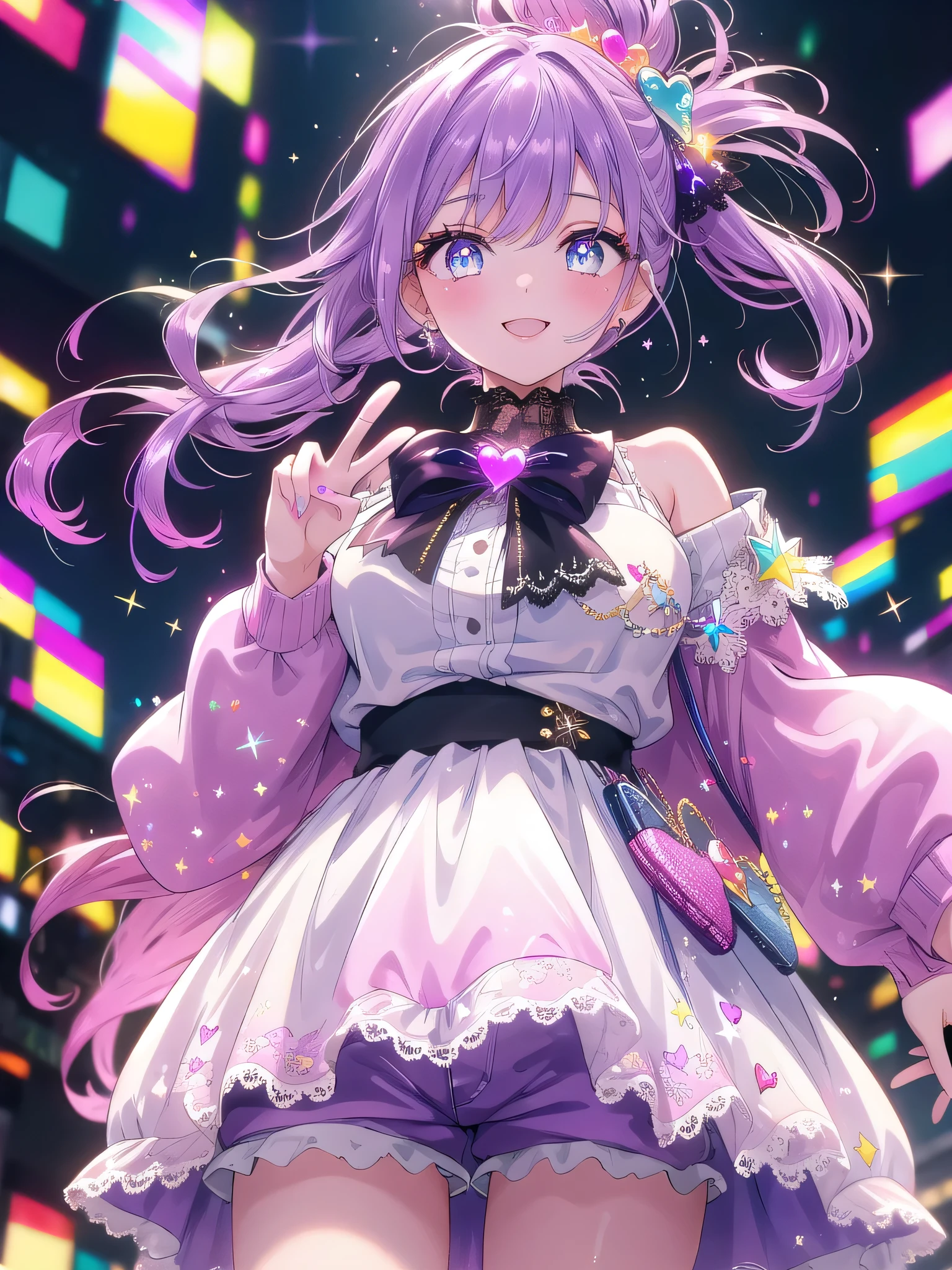 ((8k, Highest quality, masterpiece: 1.3)),Ultra-high resolution,(1 girl, alone), (Color changing eyes, Ultra-detailed, Expressive brilliance, Glitter, Glowing Eyes), Highly detailed eyes, Highly detailed face, Random Hair, ((pastel colour))Confident Upward Glance
"Create a Vtuber character with shoulder-length purple hair that has soft gradient highlights and gentle curls at the ends. Her eyes are also purple, with a touch of gradient that adds depth and warmth. She is confidently standing with her body slightly turned to the side, looking up at the camera with a big smile and a playful wink, making double peace signs. Her outfit is a casual yet fashionable ensemble: a cropped pastel sweater with heart-shaped patterns and high-waisted shorts with lace trim. The camera angle should be from below, creating a sense of energy and enthusiasm as if she is ready to take on the world. The background should be a blurred urban street with colorful signs and warm sunlight streaming down, highlighting her vibrant presence."